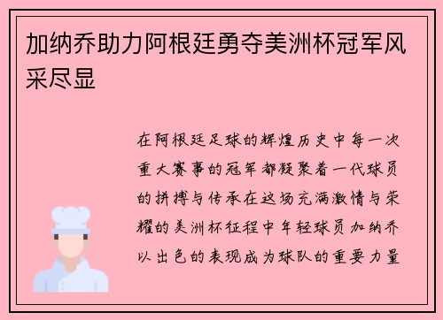 加纳乔助力阿根廷勇夺美洲杯冠军风采尽显 加纳乔助力阿根廷勇夺美洲杯冠军风采尽显